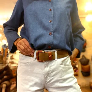 Ceinture LA COULOMB en Velours Tobacco et Cuir Caramel