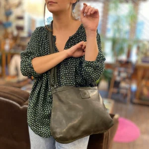 Sac Bandoulière Zippé en Cuir Vert Lisse