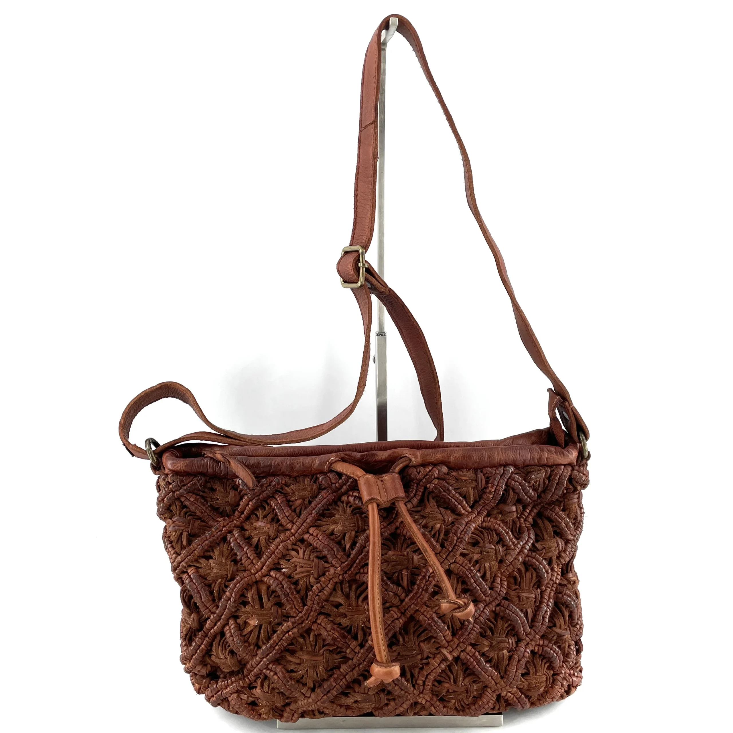 Sac Bandoulière Tressé Zippé Cuir Camel – Image 3