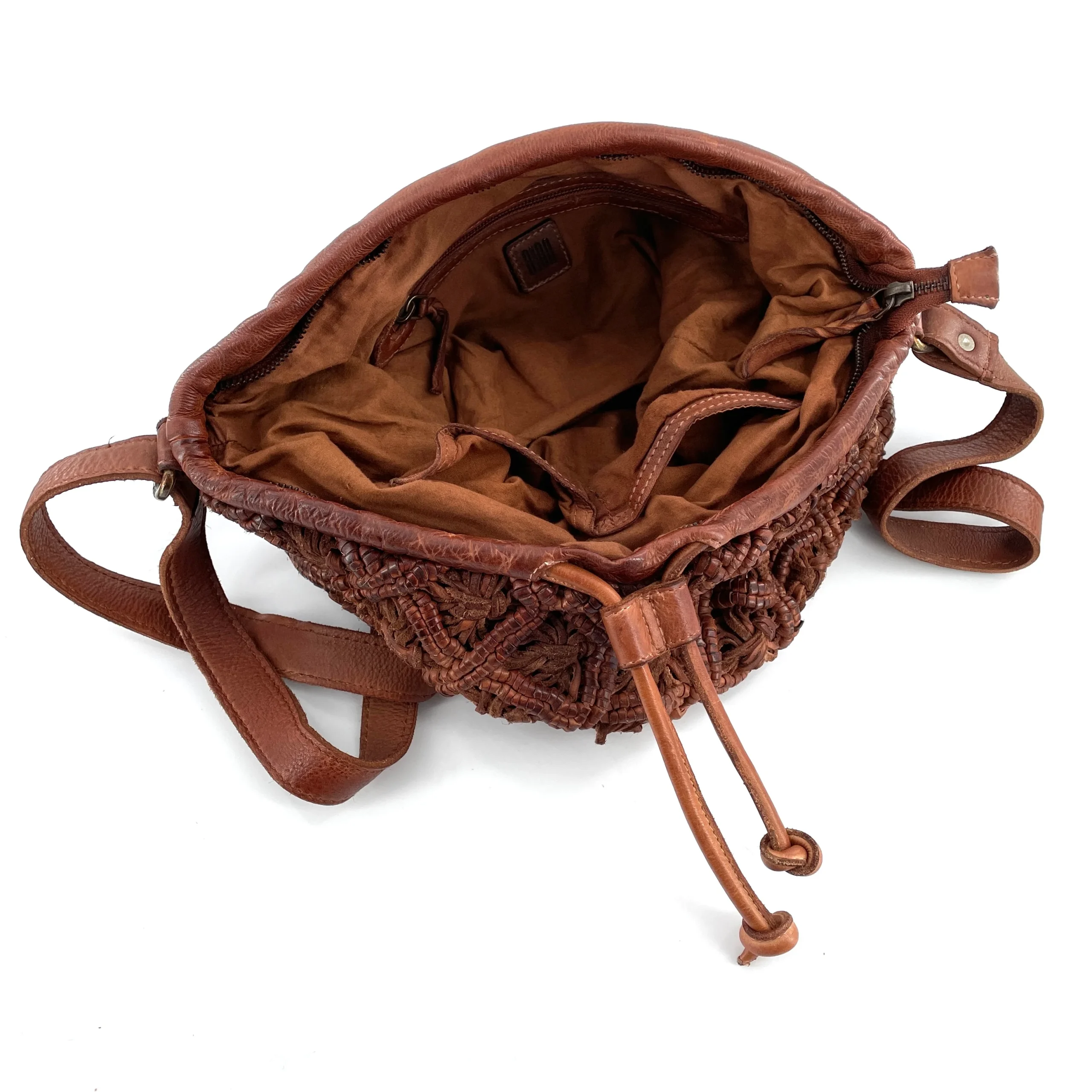Sac Bandoulière Tressé Zippé Cuir Camel – Image 4