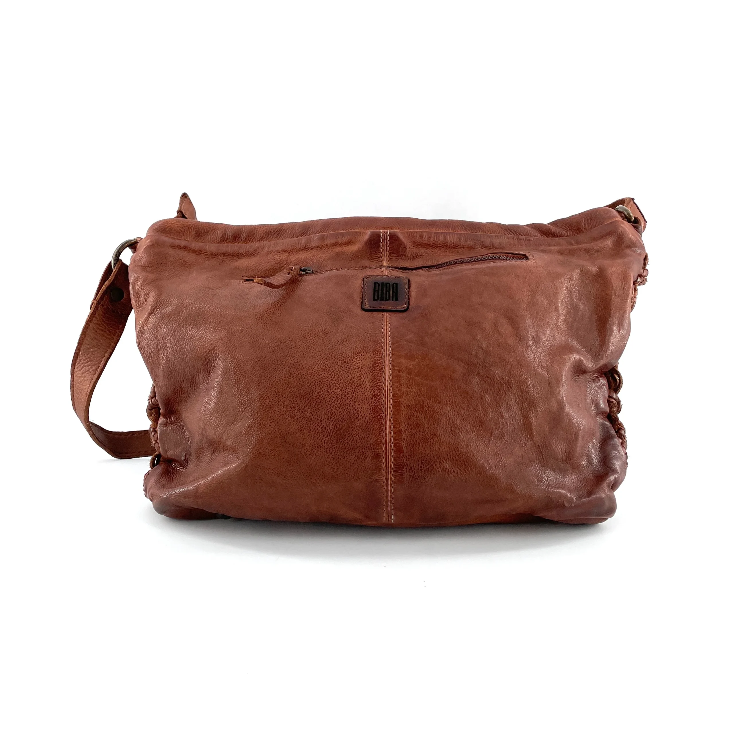 Sac Bandoulière Tressé Zippé Cuir Camel – Image 5