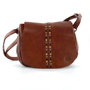 Sac Bandoulière Rabat Clouté en Cuir Camel PM