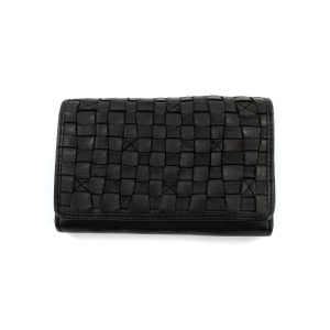 Portefeuille Cuir Tressé Plat Noir PM