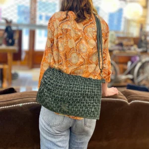 Sac Bandoulière en Cuir Tressé Vert
