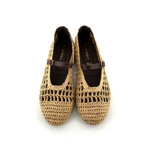 Ballerine en Raphia Naturel et Cuir Marron