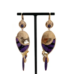 Boucle d'Oreille MIKONA XL en Plaqué Or et Plumes Violettes