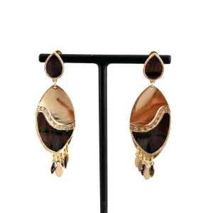 Boucle d'Oreille MIKONA MM en Plaqué Or et Plumes Marron Foncé