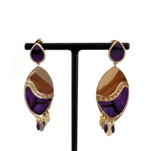 Boucle d'Oreille MIKONA MM en Plaqué Or et Plumes Violettes