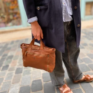 Cartable Petit Format en Cuir Lavé Camel