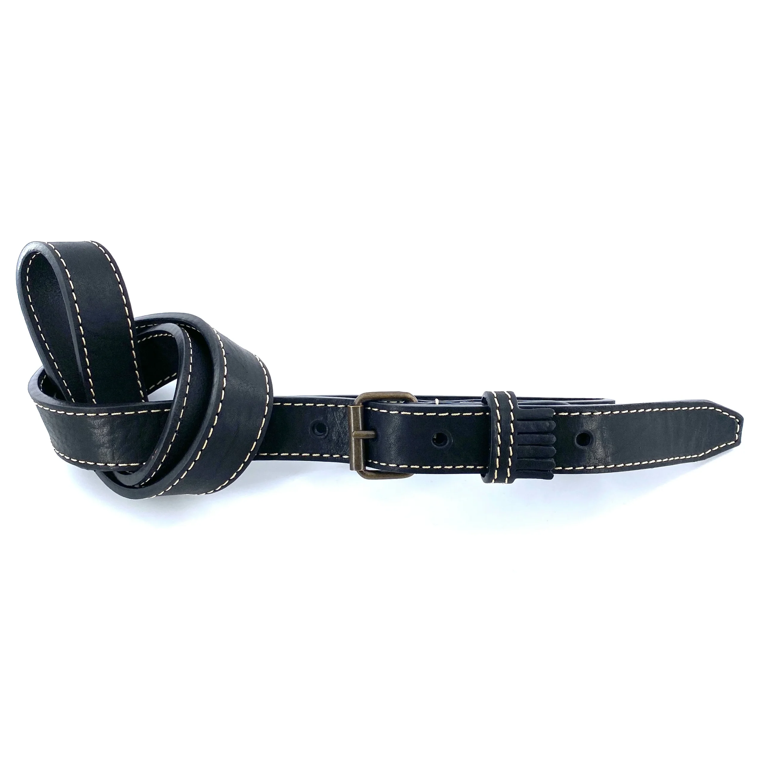Fine Ceinture Passant Frangé en Cuir Noir