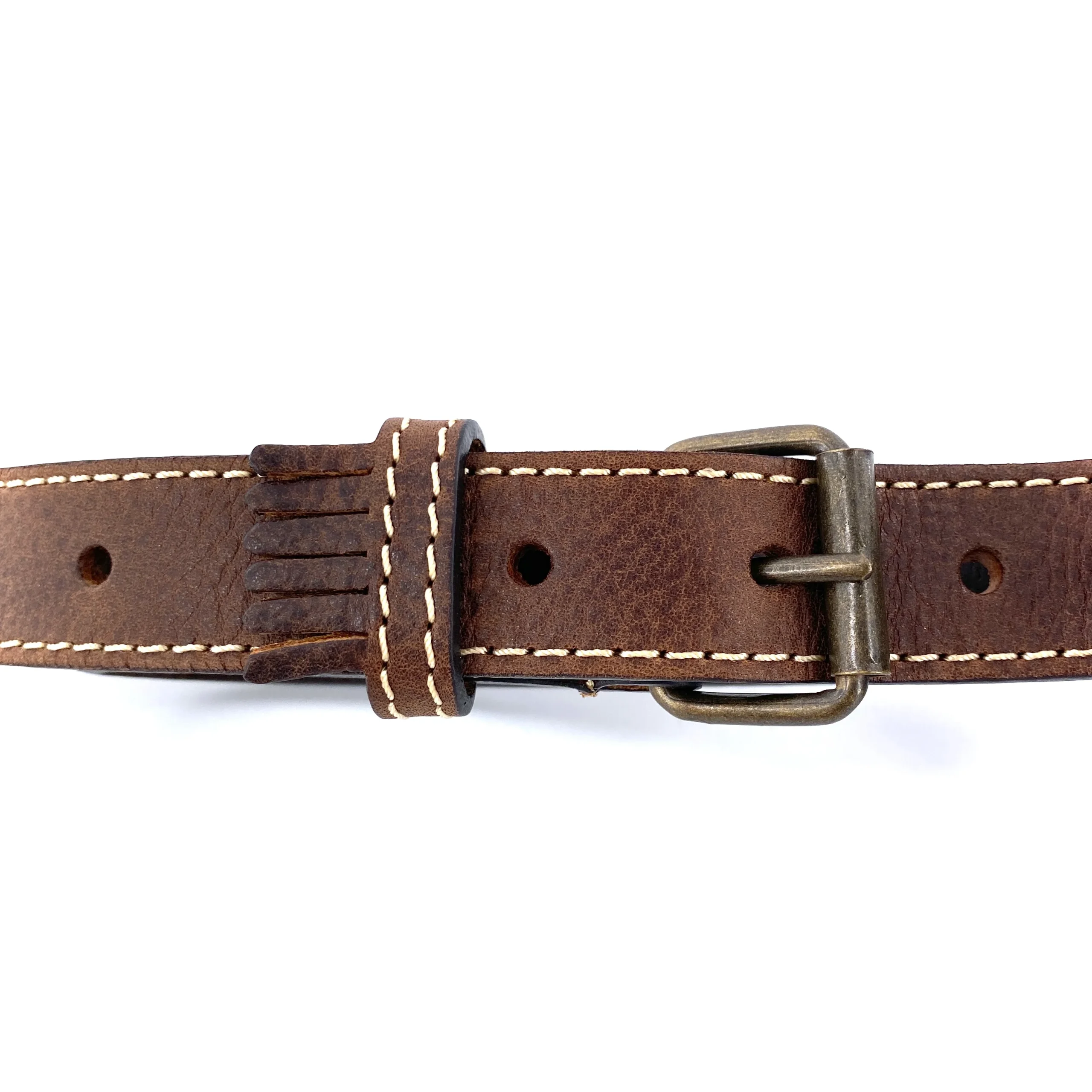 Fine Ceinture Passant Frangé en Cuir Marron Vieilli – Image 2