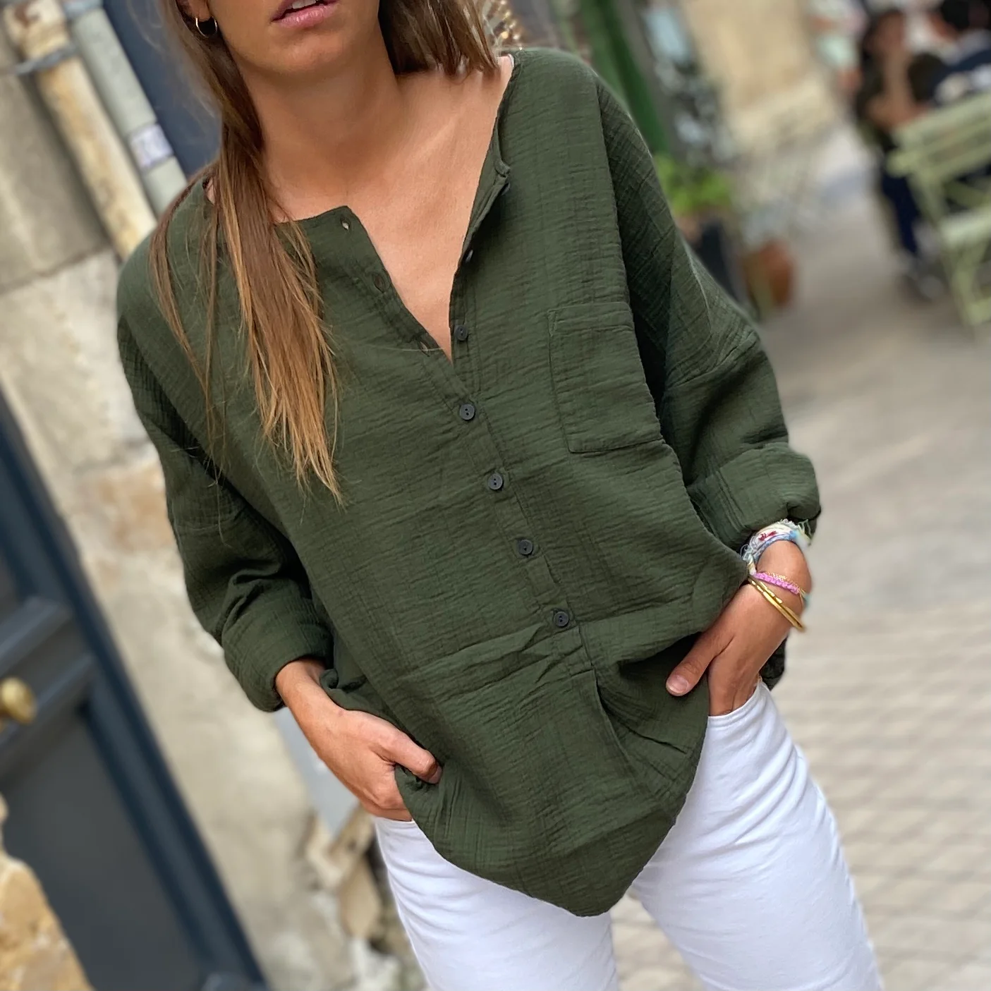 Chemise Oversize ANASTASIA en Double Gaze de Coton Kaki – Image 4