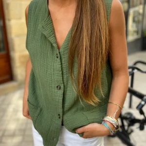 Gilet Vert en Double Gaze de Coton