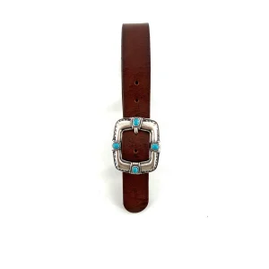 Ceinture en Cuir Marron Large Boucle Vieil Argent et Pierres façon Turquoise
