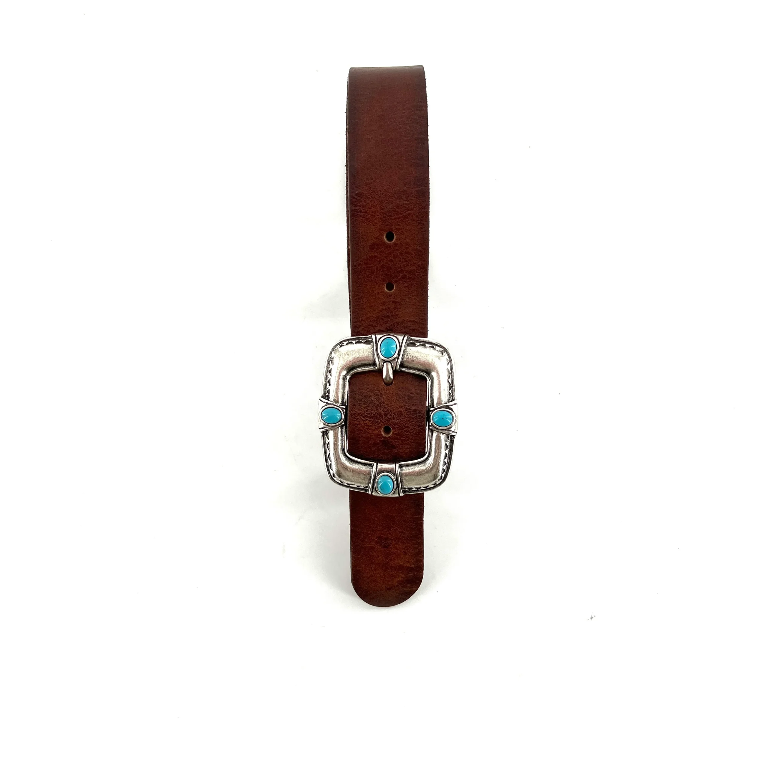 Ceinture en Cuir Marron Large Boucle Vieil Argent et Pierres façon Turquoise – Image 2