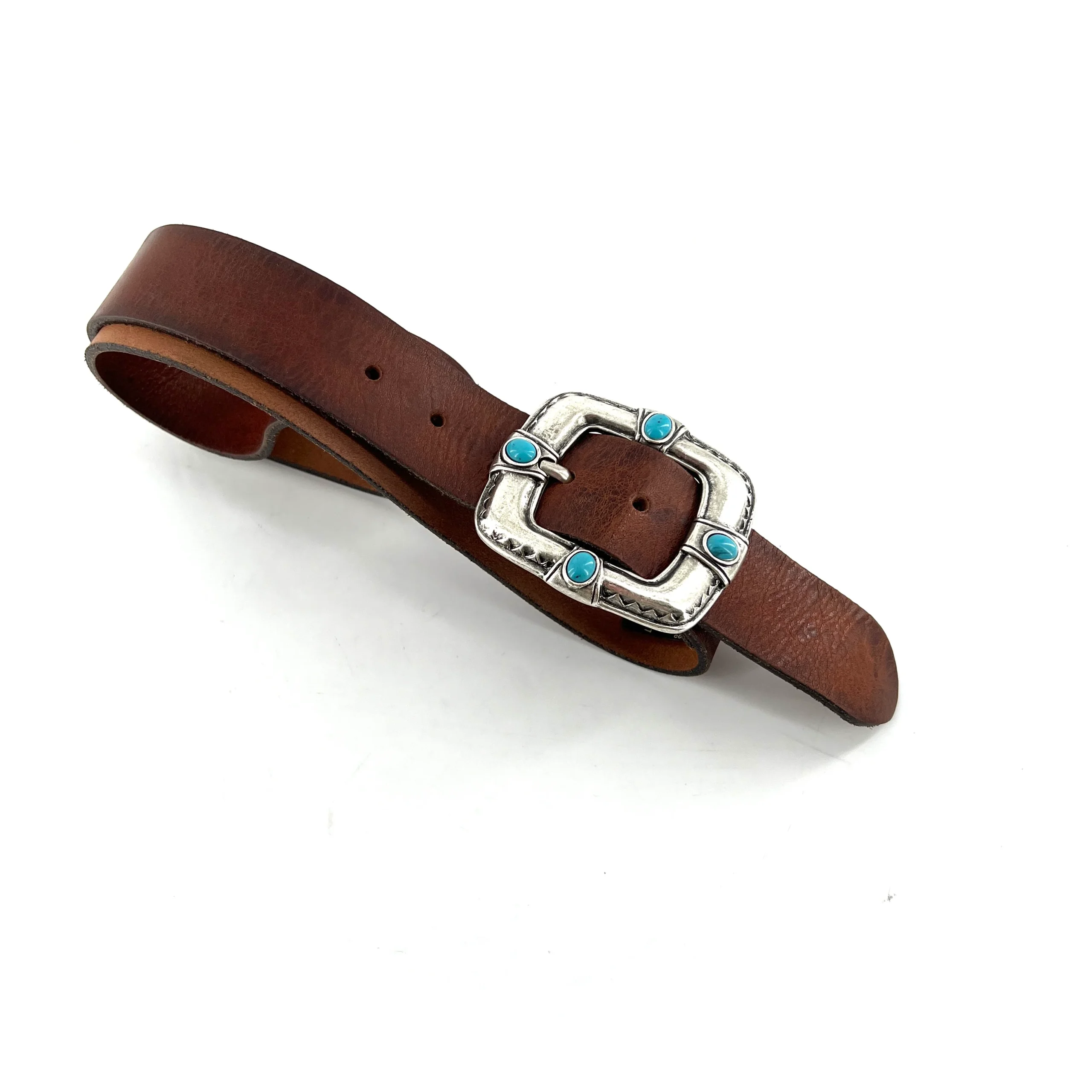 Ceinture en Cuir Marron Large Boucle Vieil Argent et Pierres façon Turquoise – Image 3