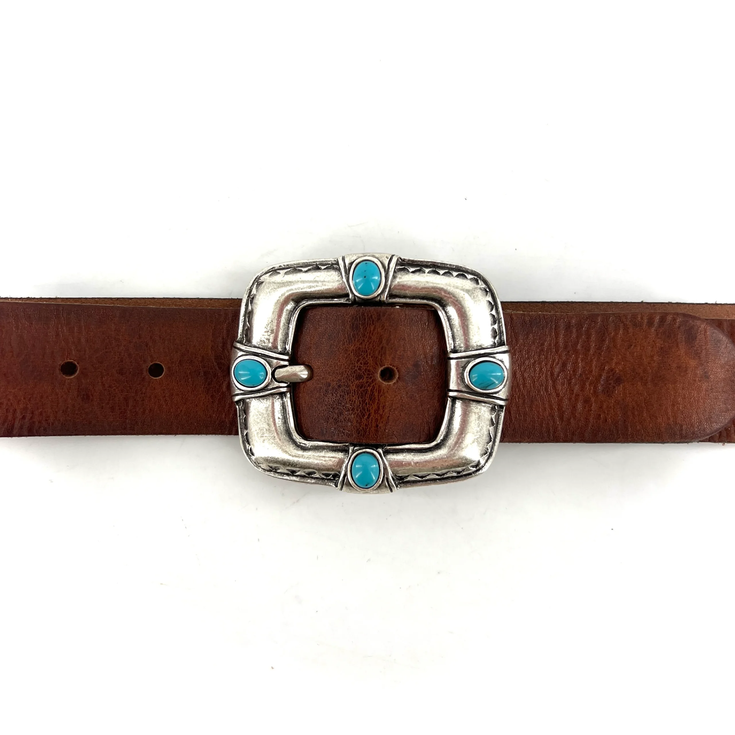 Ceinture en Cuir Marron Large Boucle Vieil Argent et Pierres façon Turquoise – Image 4