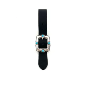 Ceinture en Cuir Noir Large Boucle Vieil Argent et Pierres façon Turquoise