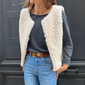 Gilet sans Manche Fausse Fourrure Bouclettes Craie / Améthiste