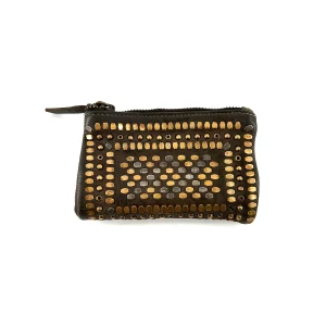 Portefeuille en Cuir Kaki Clous Plats Bicolores