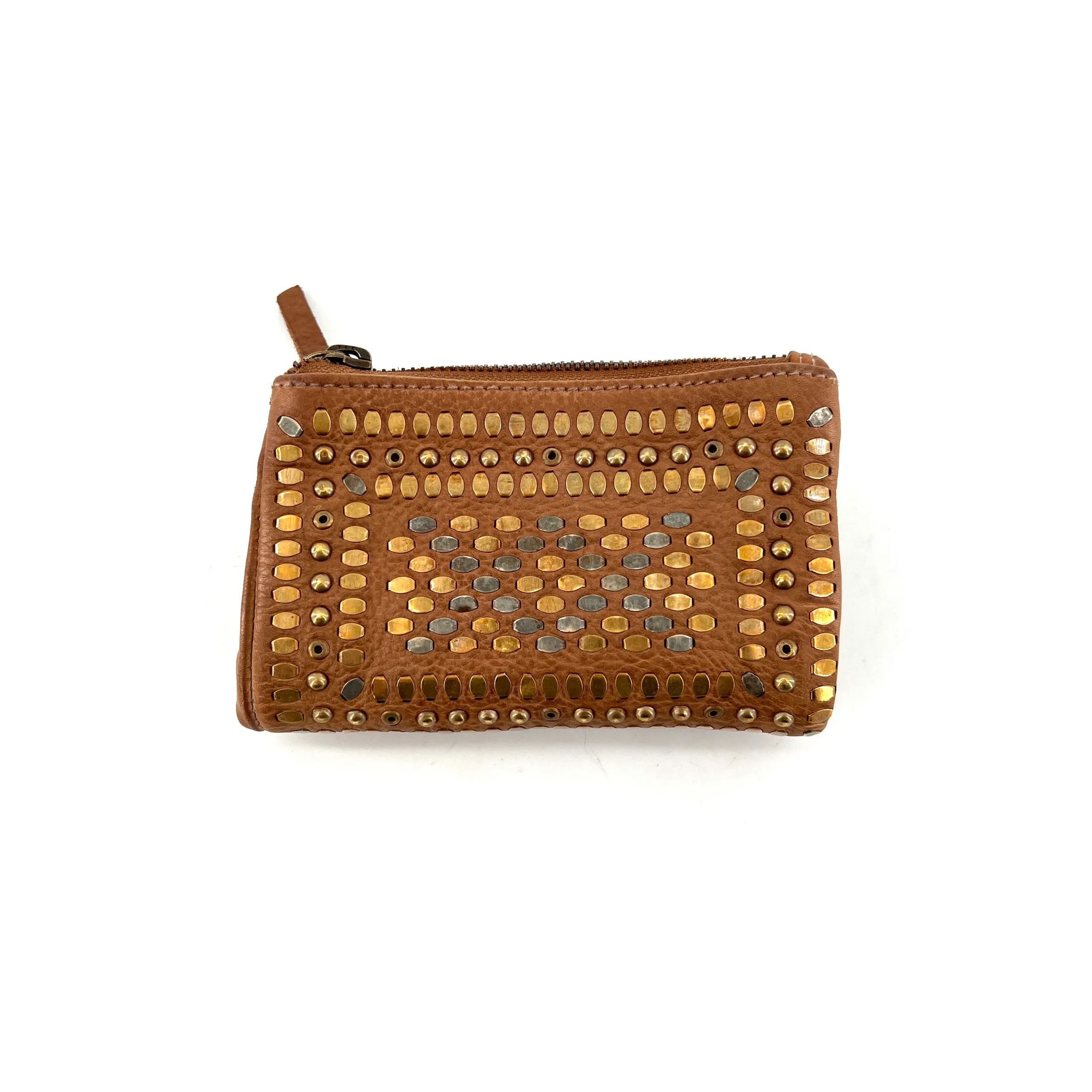 Portefeuille en Cuir Ocre et Clous Plats Bicolores – Image 2