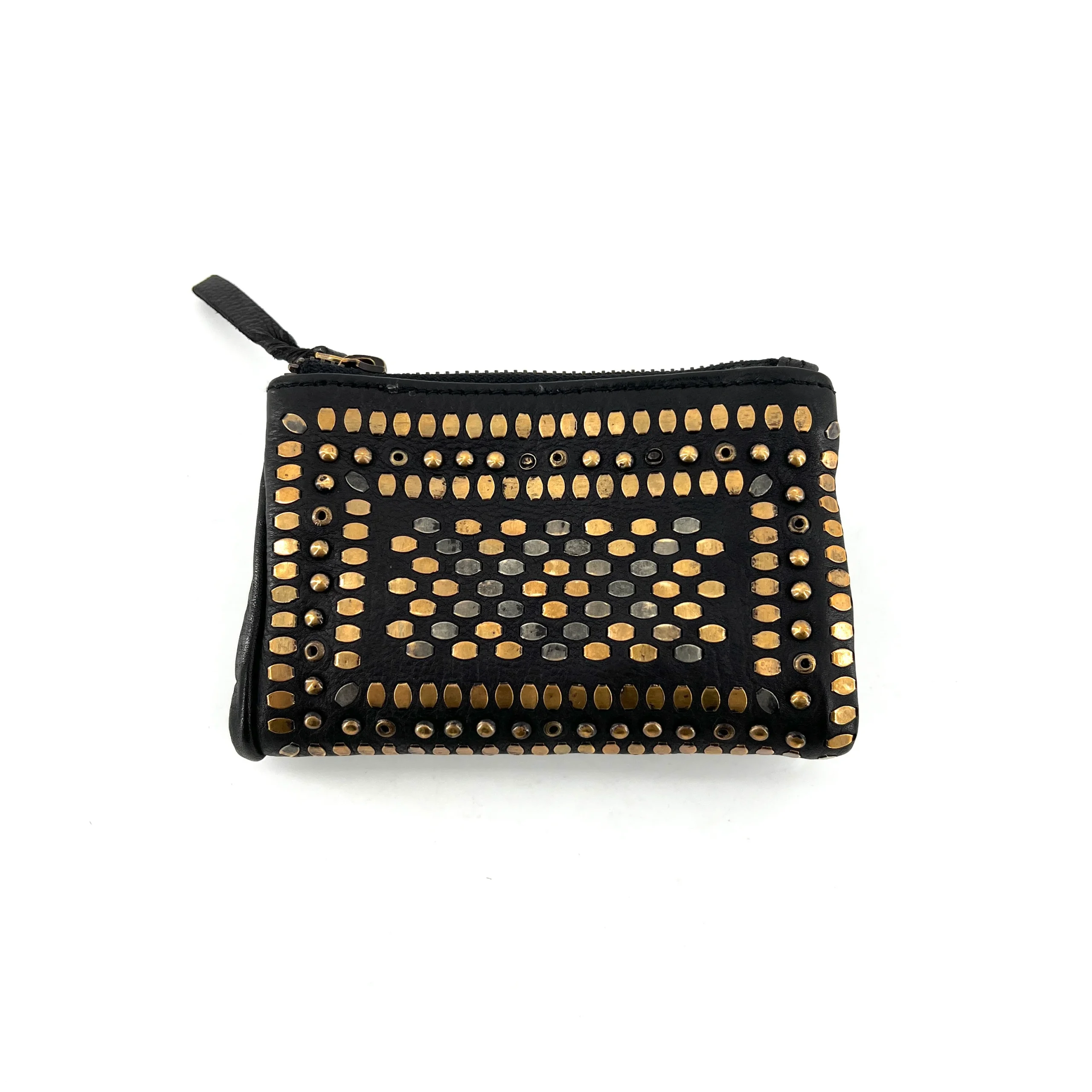 Portefeuille en Cuir Noir et Clous Plats Bicolores