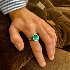 Chevalière Ronde en Argent Lisse et Malachite