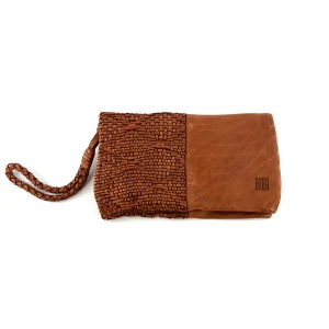 Pochette / Portefeuille en Cuir Tressé Camel