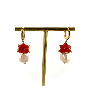 Créoles Médium ACAPULCO en Perle de Rivière et Agate Corail