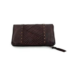 Portefeuille Patchwork de Cuir Marron Foncé et Clous Dorés