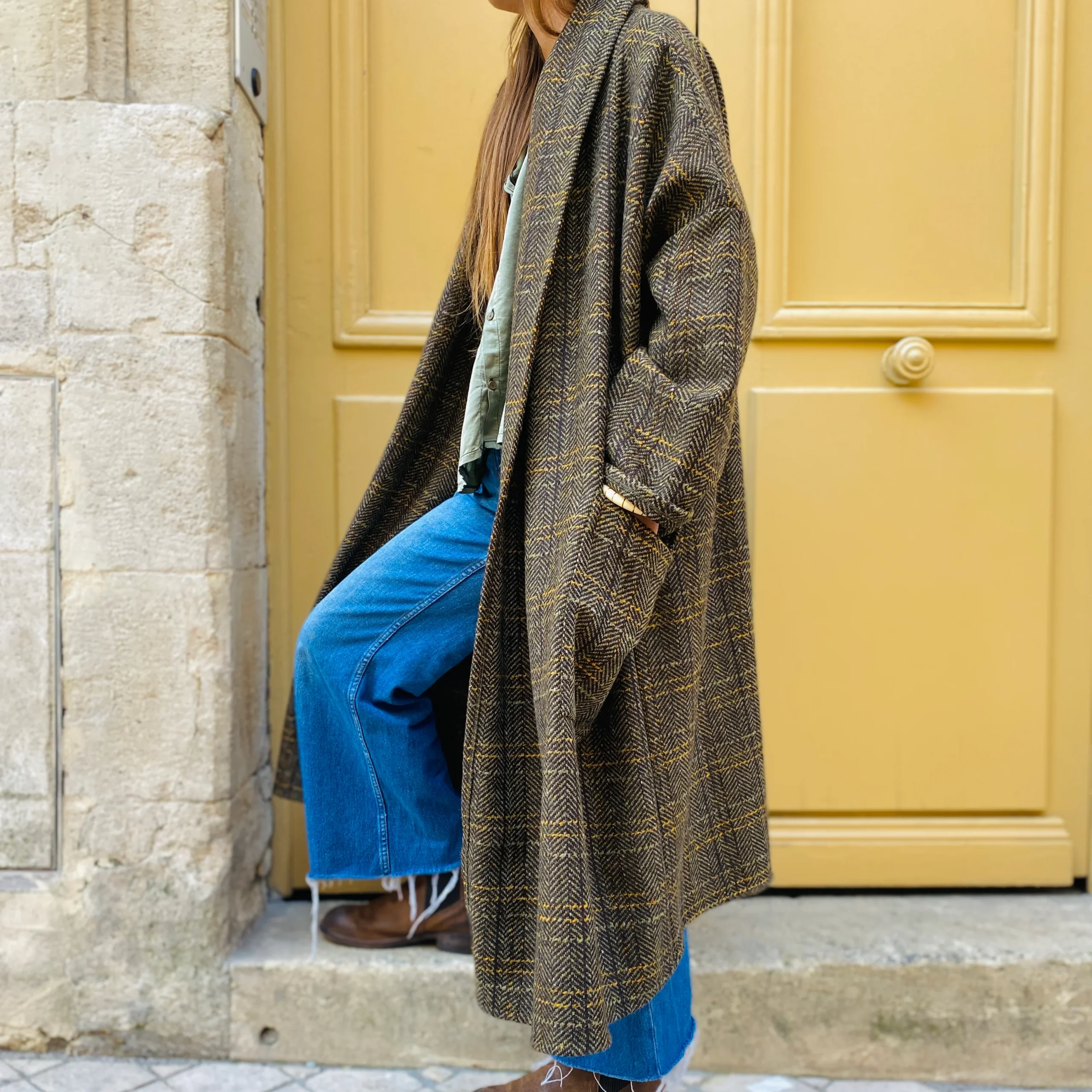 Manteau PAUL en Tweed Kaki et Noir – Image 2