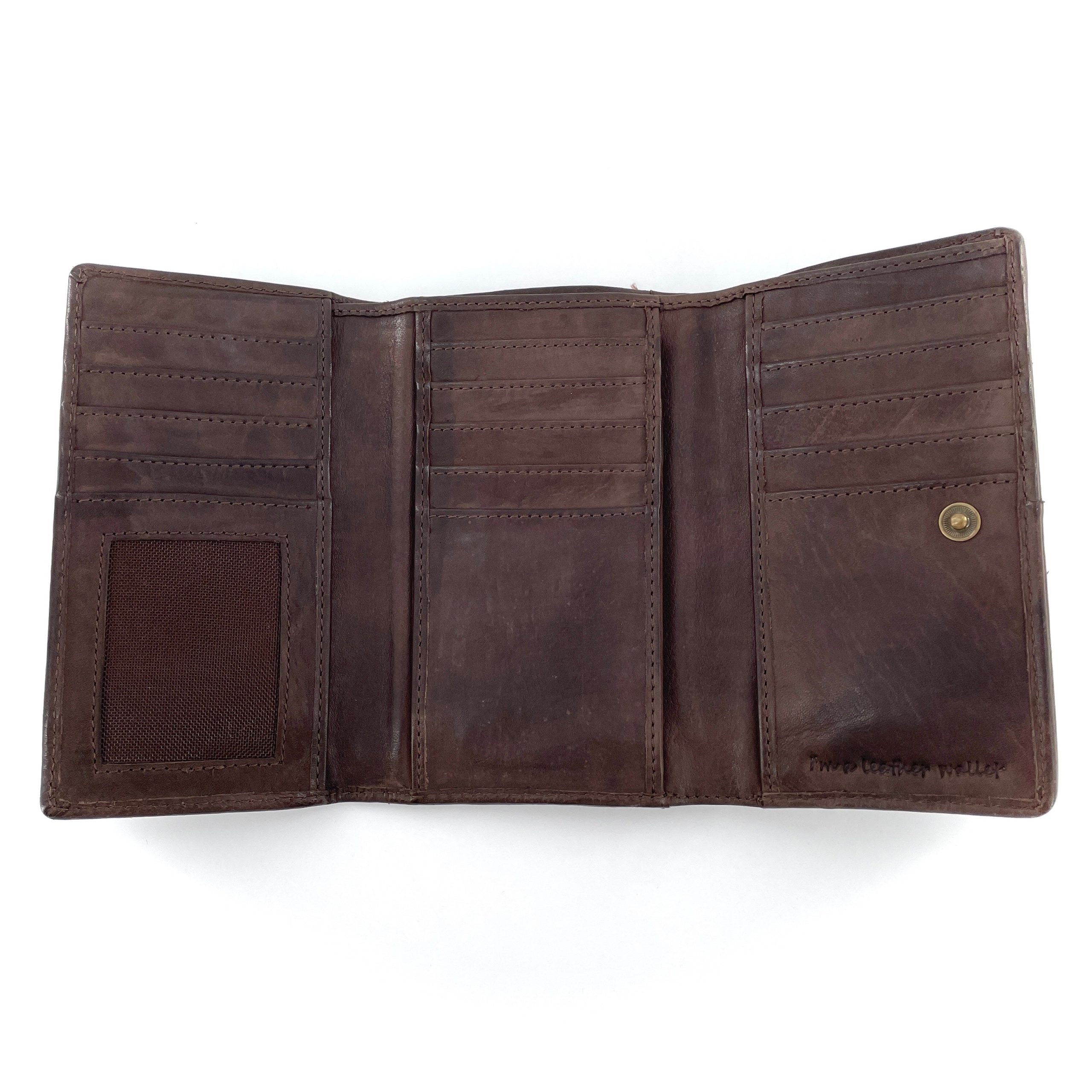 Portefeuille Cuir Tressé Plat Marron Foncé PM