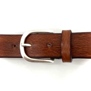 Ceinture en Cuir Cognac Veiné Boucle Arrondie Vieil Argent