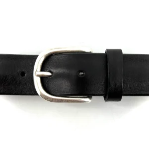 Ceinture en Cuir Noir Veiné Boucle Arrondie Vieil Argent