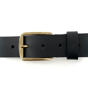 Ceinture en Cuir Noir Boucle Rectangulaire Vieil Or