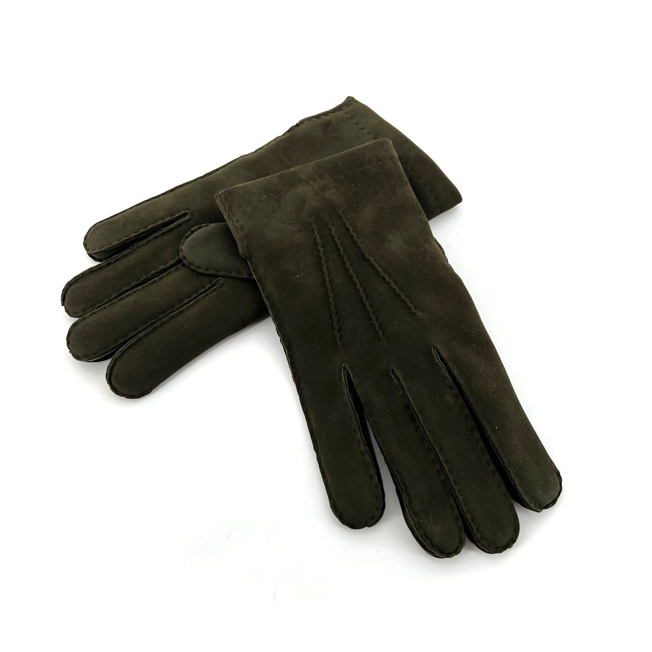 Gants en Cuir Nubuck Vert Foncé Doublé Laine – Image 2