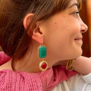 Boucles d'Oreilles LOUISE GM en Pâte de Verre Turquoise et Framboise