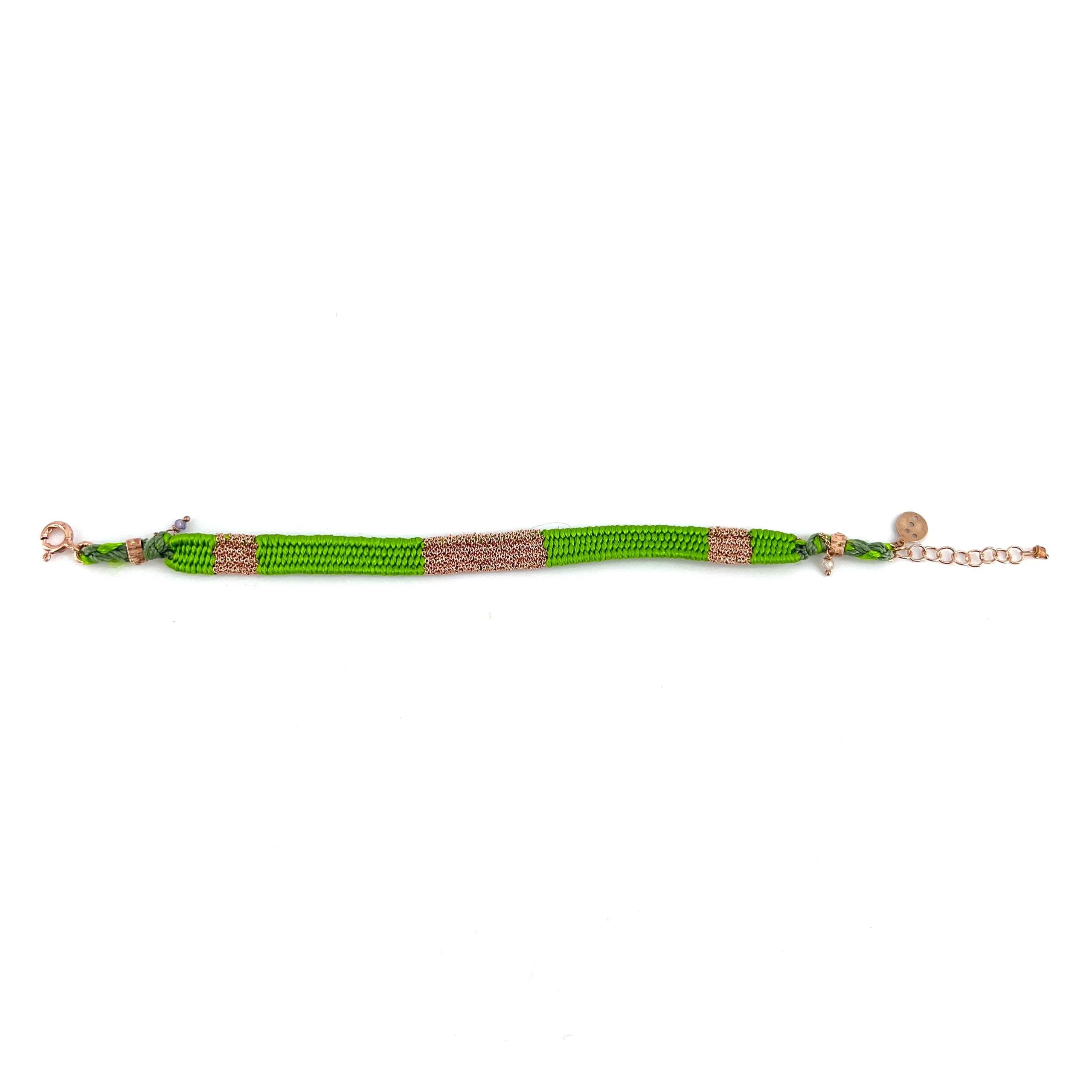 Bracelet Gourmette Tissé en Fil de Satin Vert et Chaine en Plaqué Or – Image 2