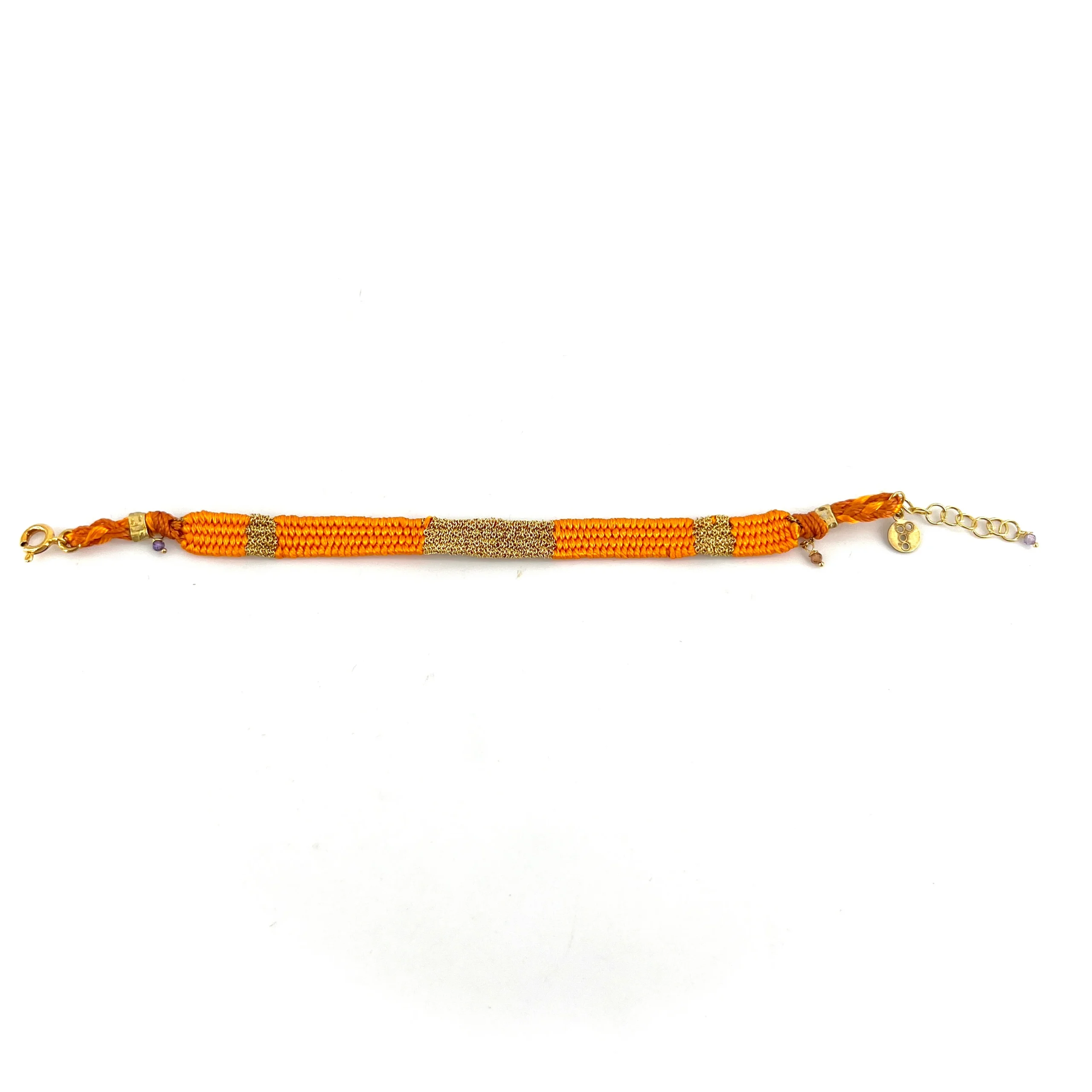 Bracelet Gourmette Tissé en Fil de Satin Orange et Chaine en Plaqué Or – Image 3