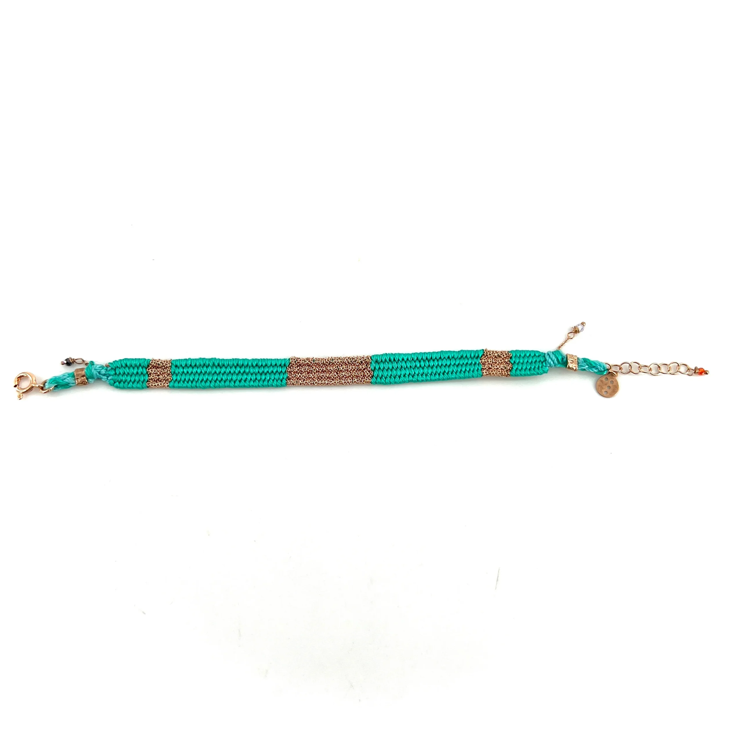 Bracelet Gourmette Tissé en Fil de Satin Turquoise et Chaine en Plaqué Or