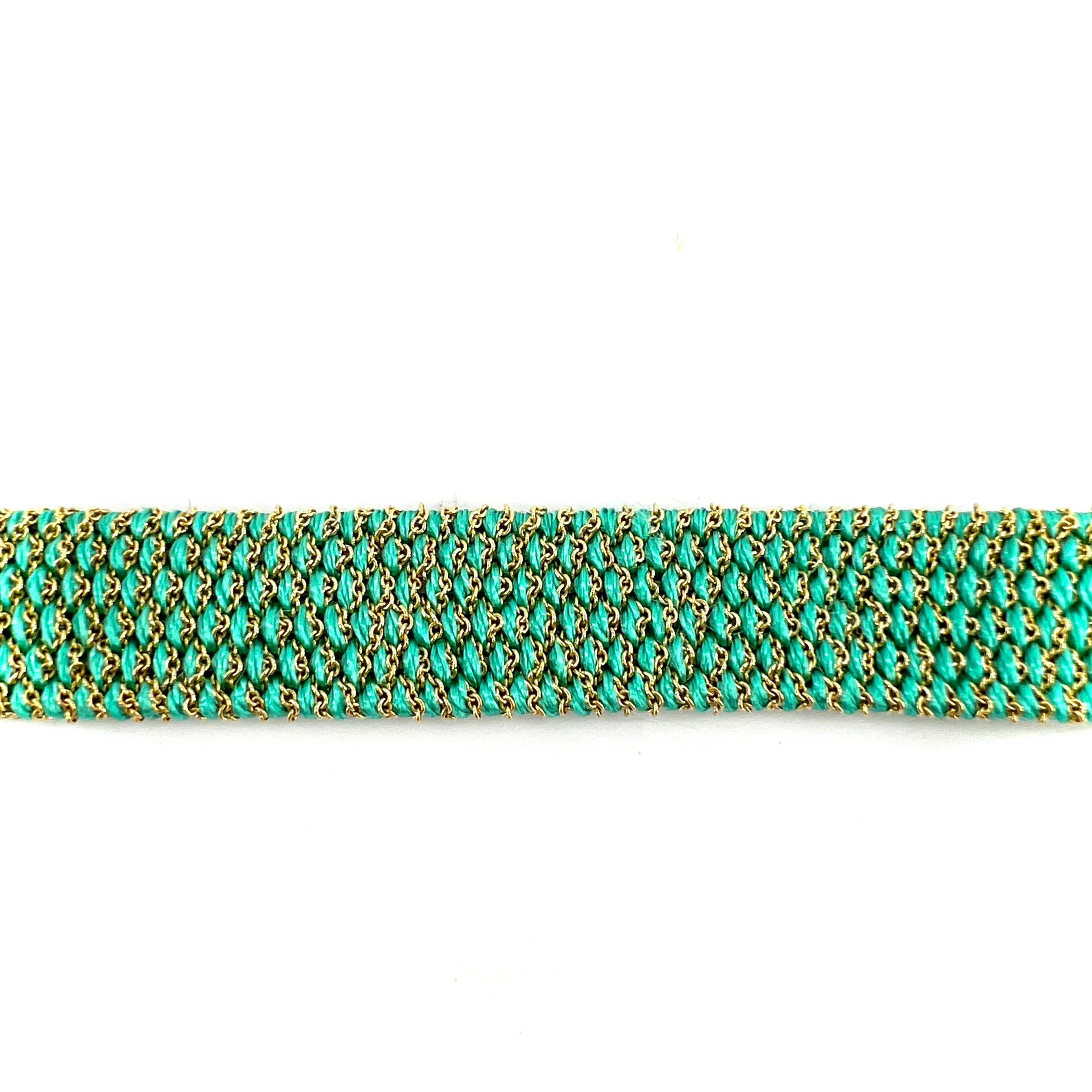 Bracelet Manchette Tissée en Fil de Satin Turquoise et Chaine en Plaqué Or – Image 4