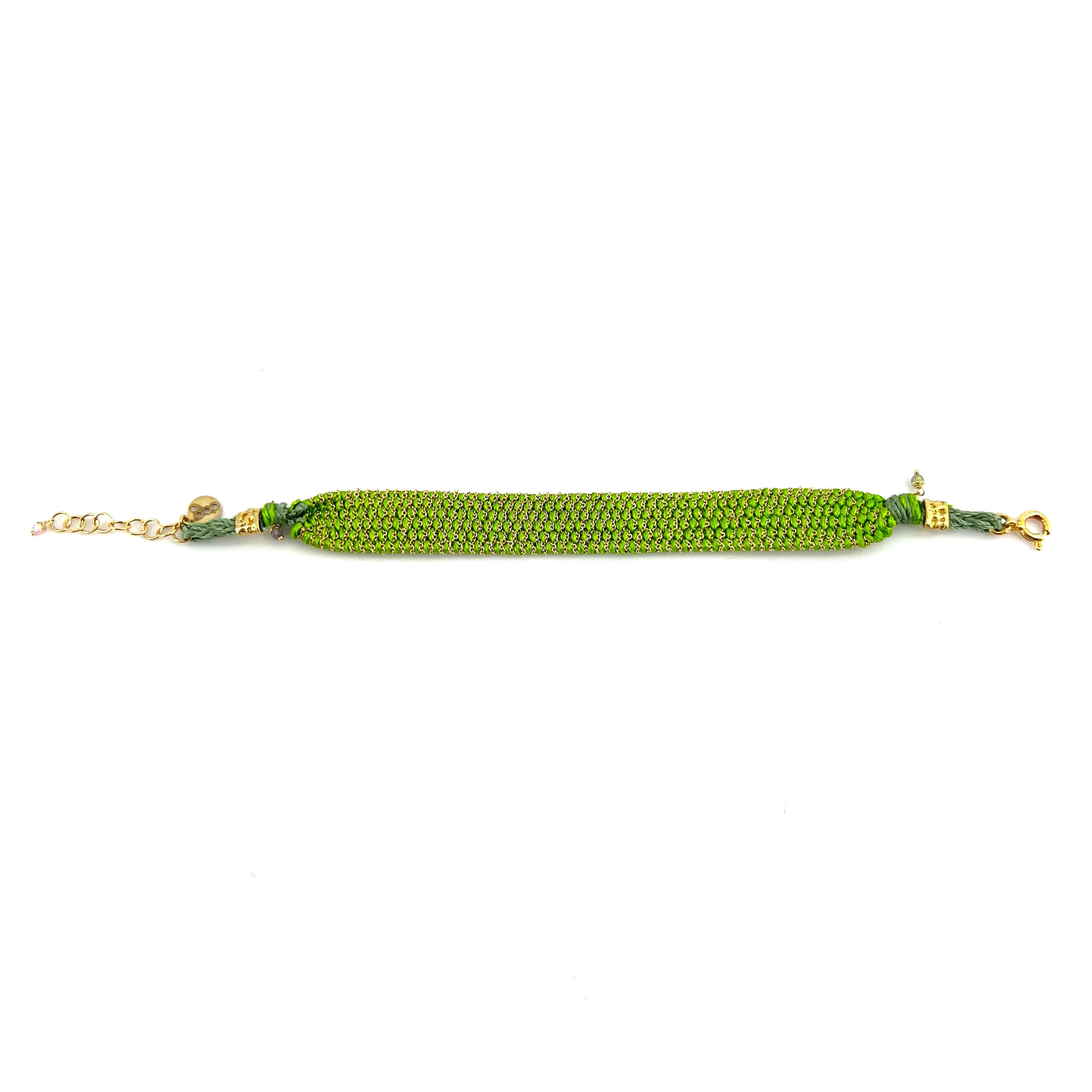 Bracelet Manchette Tissé en Fil de Satin Vert et Chaine en Plaqué Or – Image 3