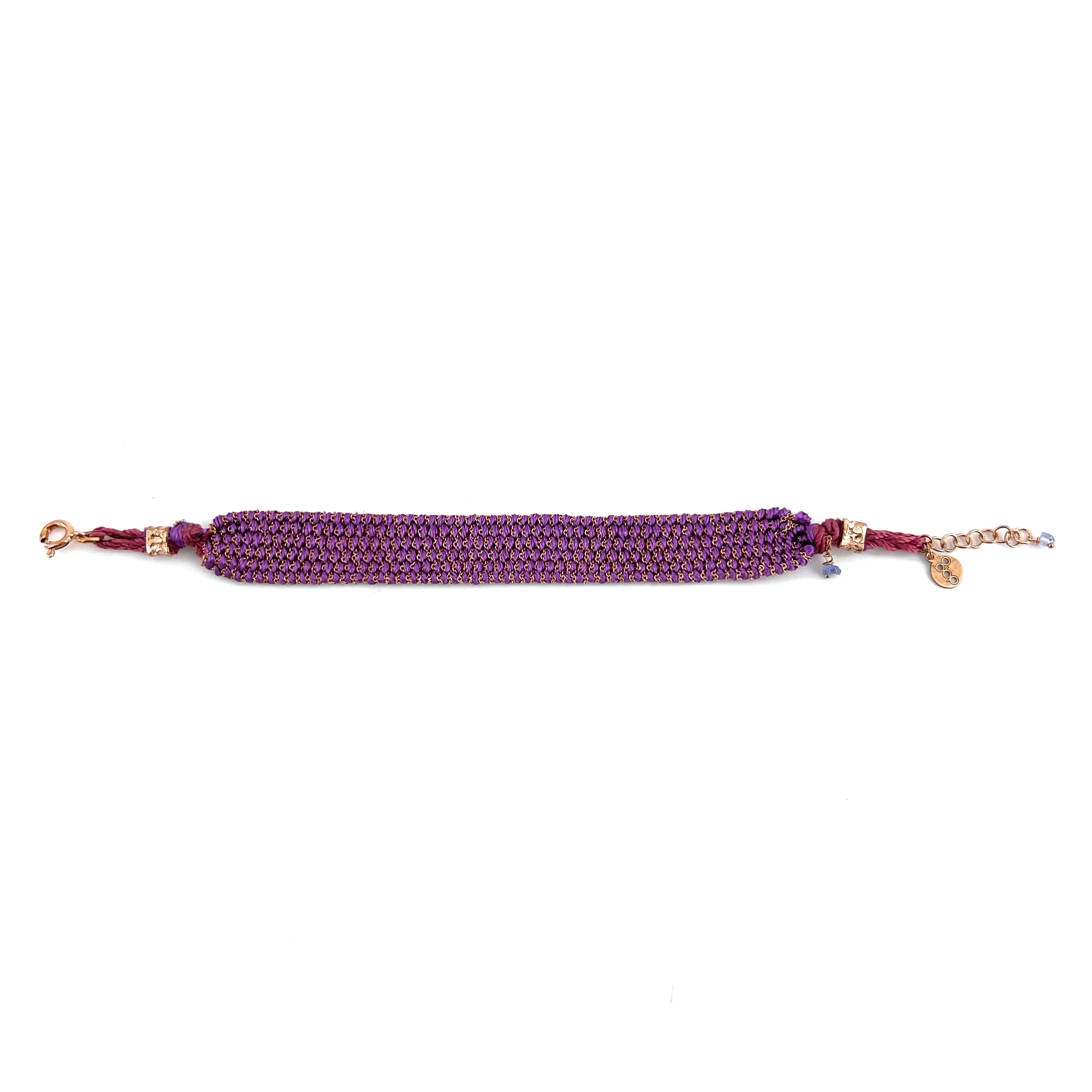 Bracelet Manchette Tissé en Fil de Satin Violet et Chaine en Plaqué Or – Image 3