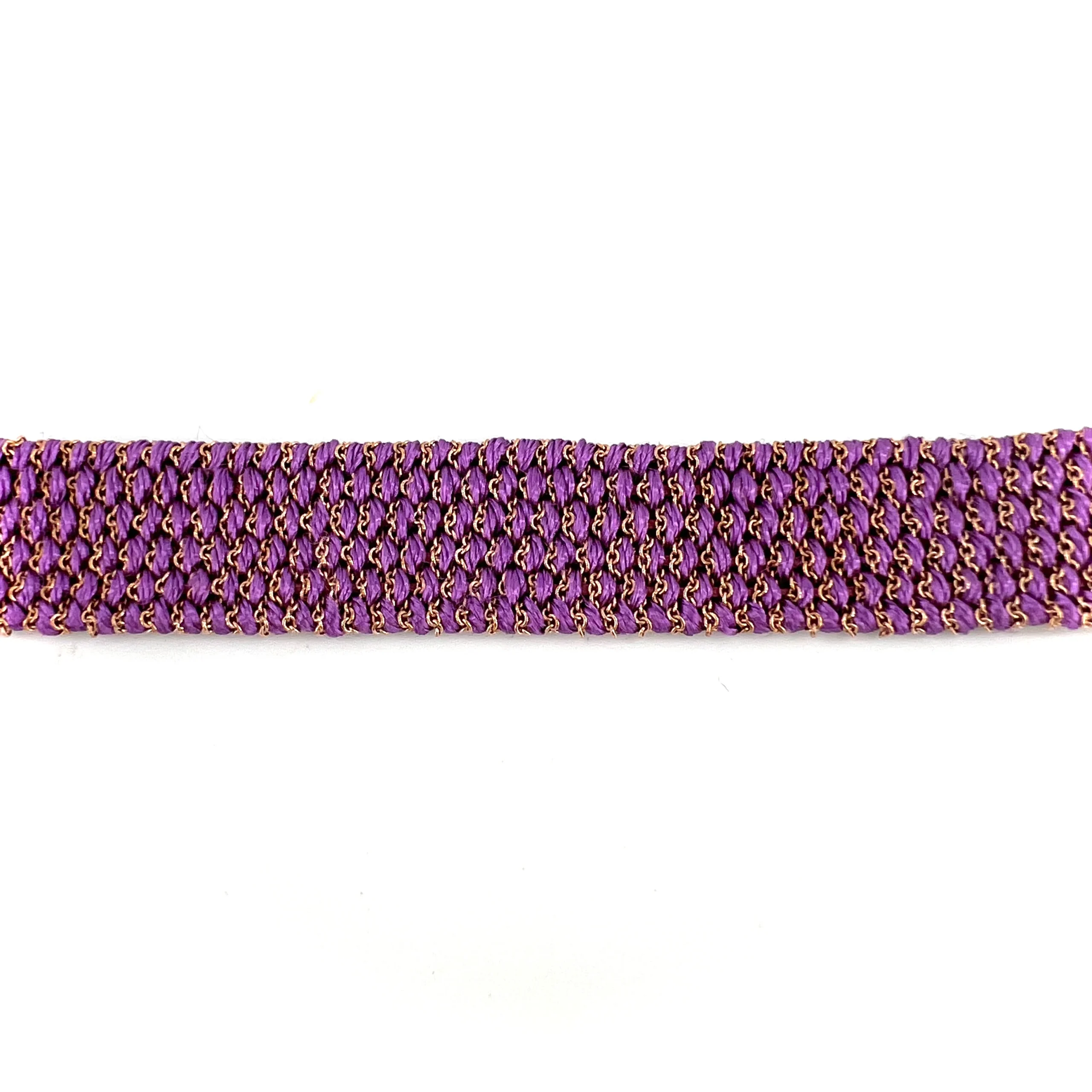 Bracelet Manchette Tissé en Fil de Satin Violet et Chaine en Plaqué Or – Image 6