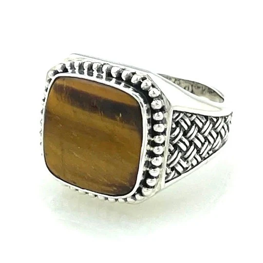 Chevalière Carrée Monture Argent Travaillée Oeil de Tigre – Image 4