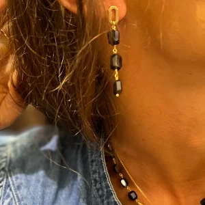 Boucles d'Oreilles LENNY en Spinelle Noire et Plaqué Or
