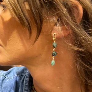 Boucles d'Oreilles LENNY en Émeraude Raw et Plaqué Or