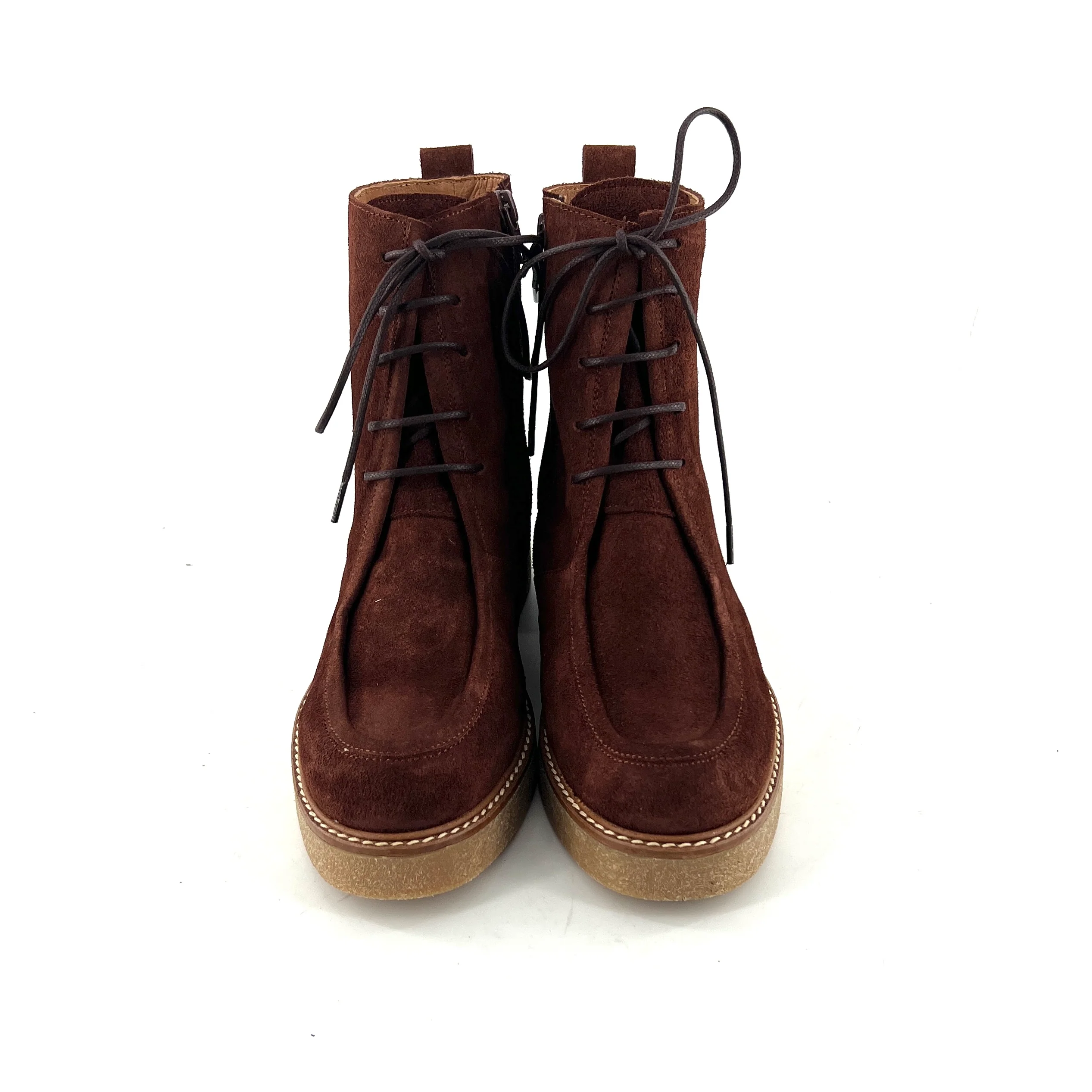 Chaussure Lacets Montante Zippé Intérieur Semelle Crêpe en Daim Marron