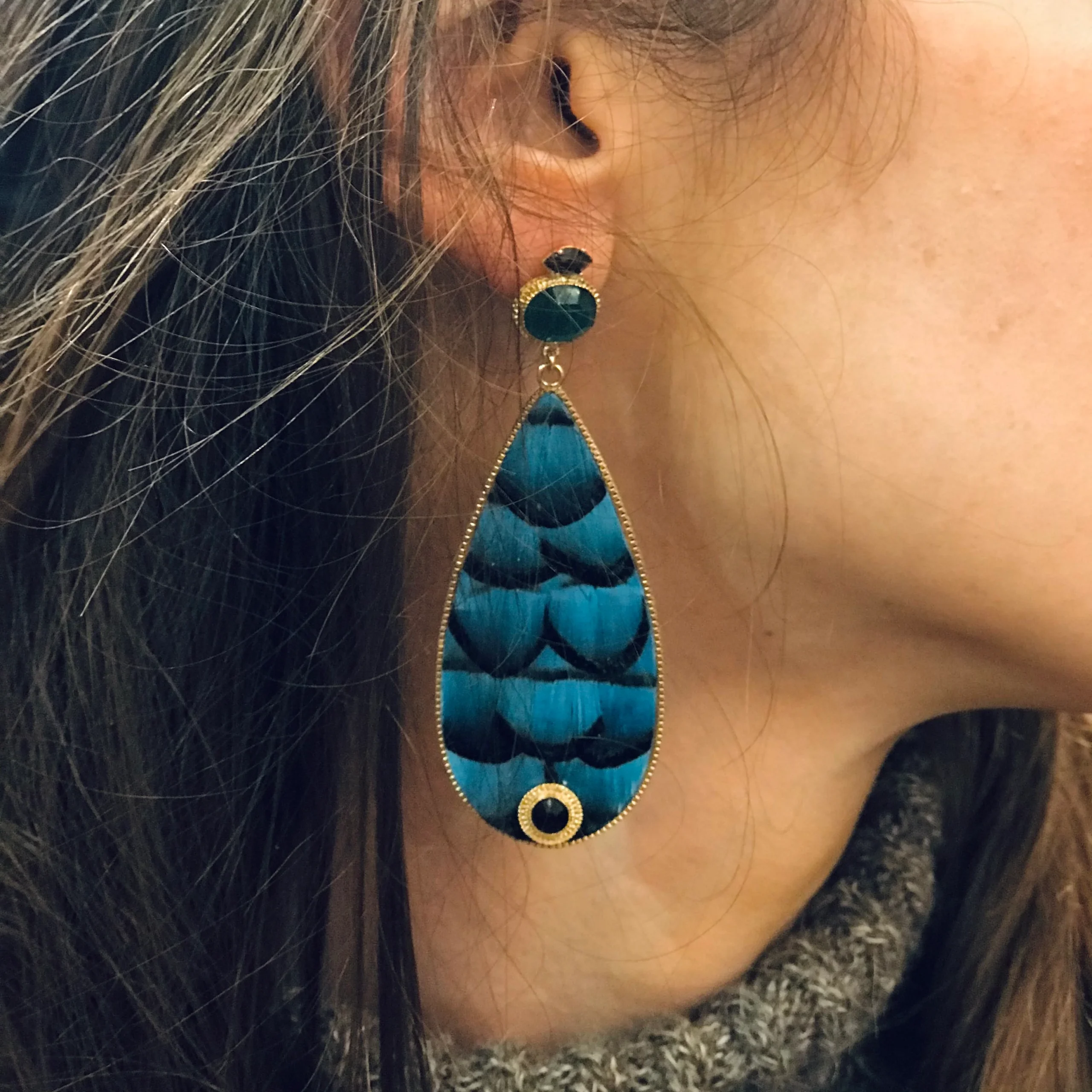 Boucles d'Oreilles FUJITA Goutte Plumes Turquoise – Image 3