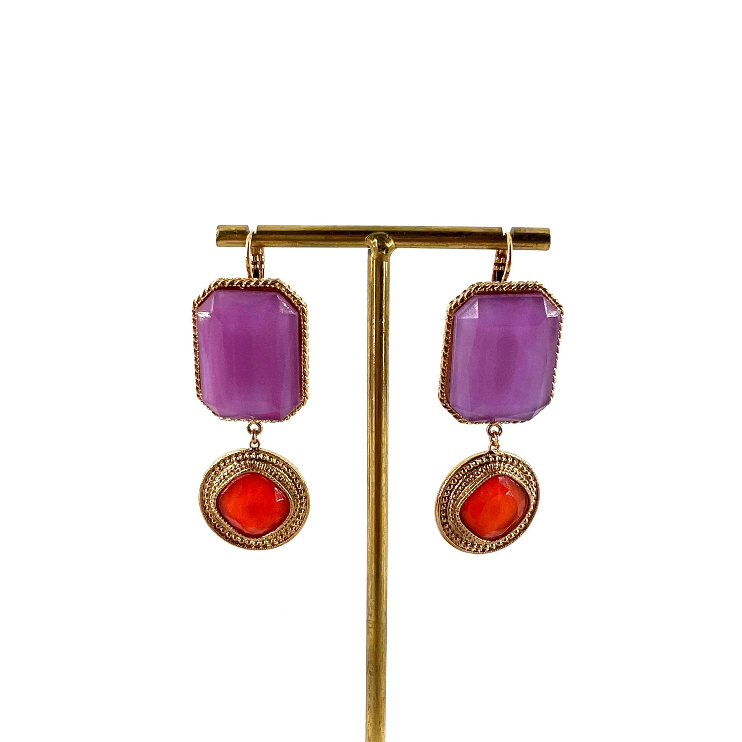 Boucle d'Oreille LOUISE GM en Pâte de Verre Violet et Corail – Image 3